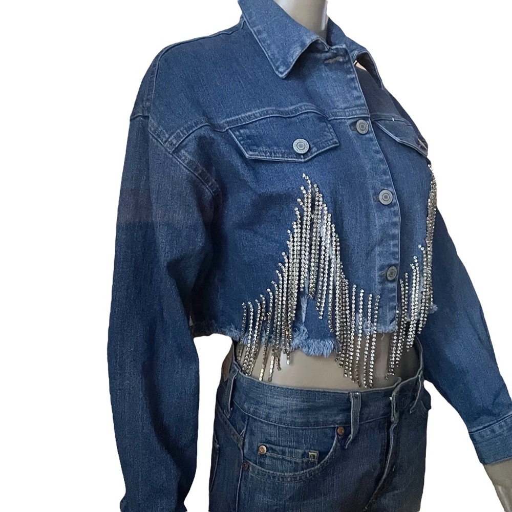LABIJOU rhinestone fringe cropped denim jacket - Picture 2 of 8